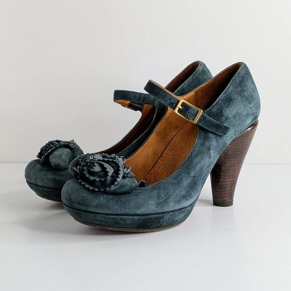 Chie Mihara Mary Jane Platform Heels 37 Blue Suede Floral Retro Glam Pinup - Picture 16 of 16